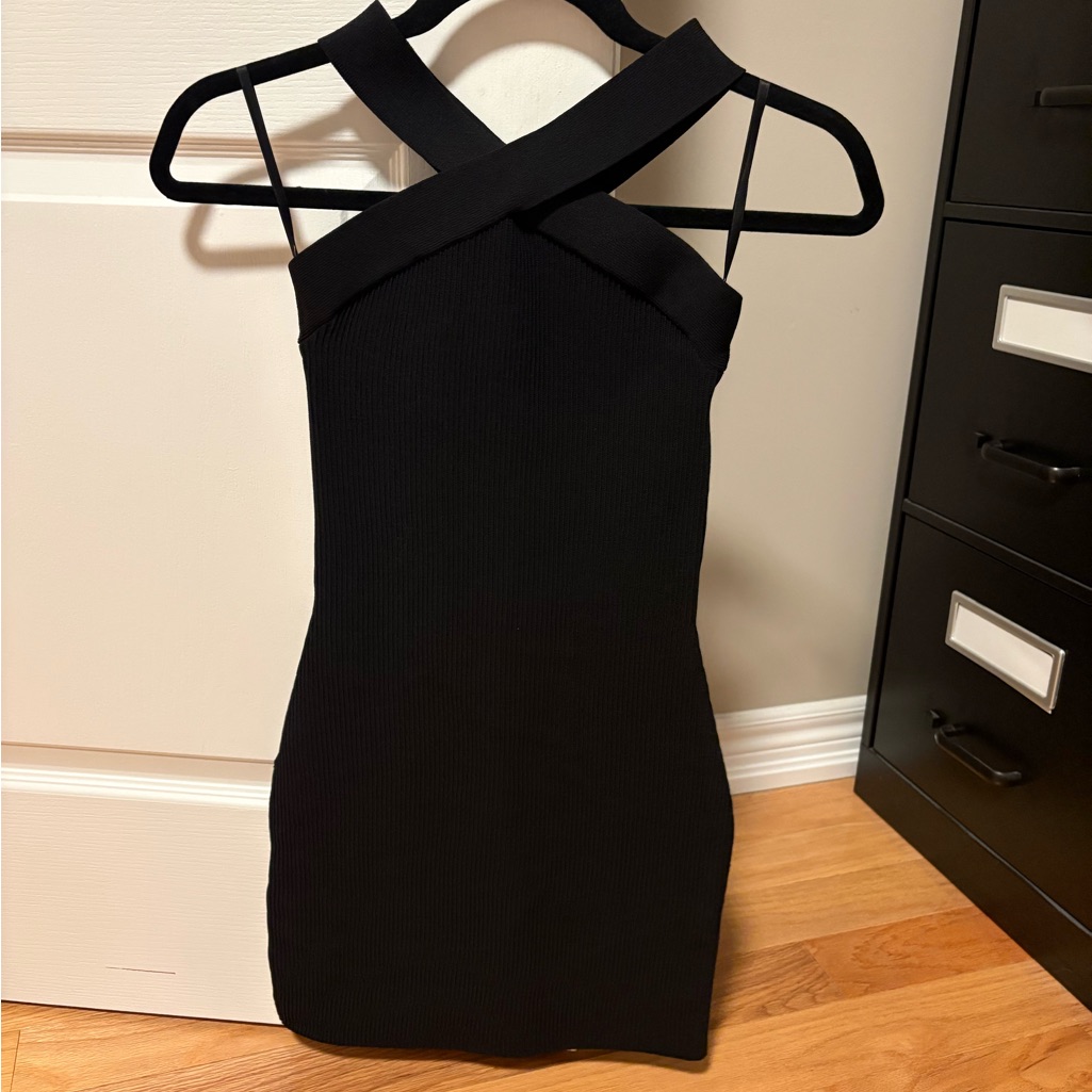 Babaton Black Cross-Neck Mini Dress